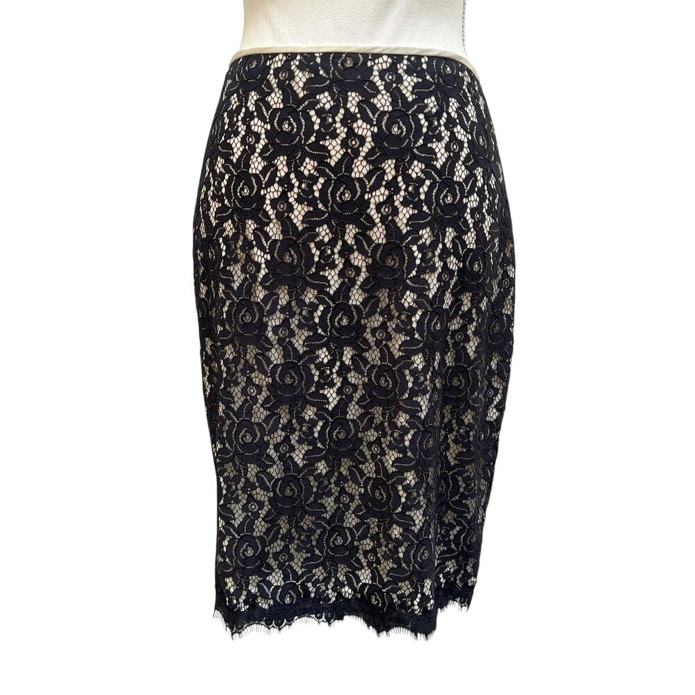 Diane Von Furstenberg Size 4 Navy Lace Pencil Midi Skirt Floral Cocktail